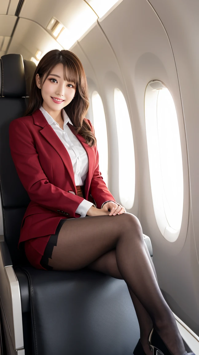 highest quality、table top、8k、best image quality、Award-winning work)、one beautiful woman、radiant beautiful skin , masterpiece、top-quality、The ultra -The high-definition、depth of fields、lens flare 1 girl、、brown hair、watching at viewers glares, large breasts , stewardess uniform, (crimson stewardess blazer:1.2), black short skirt, (black ysl high heels), perfect legs, sitting , crossed legs, view from below, smiling , flight cabin, pantyhose