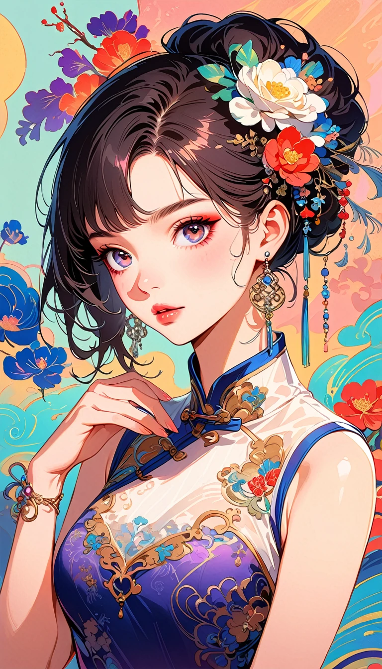 Chinese cheongsam sexy,illustration,High-end fashion,Beautiful and delicate eyes,Beautiful and delicate lips,Long eyelashes,Exquisite makeup,Vibrant colors,posture,Attractive background,Stylized Lighting,editing style,Chinese cultural elements,Exquisite embroidery,Detailed pattern,Modern transformation,Feminine charm,complicated,Futuristic,Chic hairstyle,Beautiful accessories,Tempting,Wearing stylish high heels,Luxurious fabrics,Beautiful movements,Confident expression,Ethereal atmosphere,Colorful composition,Impeccable attention to detail,Modern elegance,Expressive eyes,Dramatic Lighting,Seamless Integration,Artistic talent,Rich texture,Perfect fashion sense,Colored lights,Sentimental atmosphere,A bold fashion statement,Stylish composition