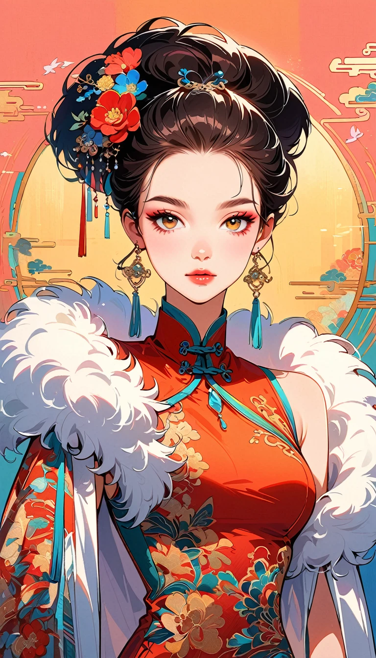 Chinese cheongsam sexy,illustration,High-end fashion,Beautiful and delicate eyes,Beautiful and delicate lips,Long eyelashes,Exquisite makeup,Vibrant colors,posture,Attractive background,Stylized Lighting,editing style,Chinese cultural elements,Exquisite embroidery,Detailed pattern,Modern transformation,Feminine charm,complicated,Futuristic,Chic hairstyle,Beautiful accessories,Tempting,Wearing stylish high heels,Luxurious fabrics,Beautiful movements,Confident expression,Ethereal atmosphere,Colorful composition,Impeccable attention to detail,Modern elegance,Expressive eyes,Dramatic Lighting,Seamless Integration,Artistic talent,Rich texture,Perfect fashion sense,Colored lights,Sentimental atmosphere,A bold fashion statement,Stylish composition