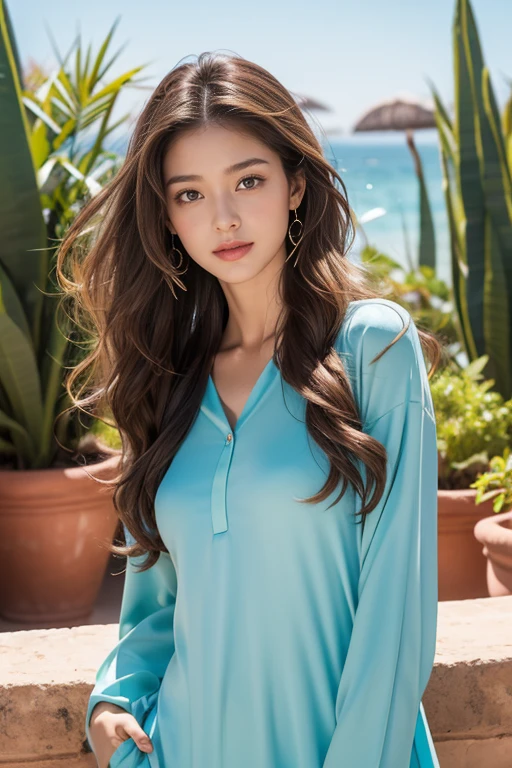 highest quality、4K、Perfect Face、Perfect Style、perfect body、Sunburn、beautiful lady、mature、long curly layer brown hair、Swept-back hair、full body, sexy 、charming、healthy、8K、windy hair、at Morocco