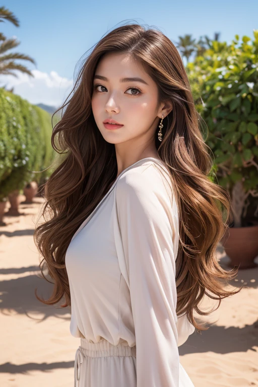 highest quality、4K、Perfect Face、Perfect Style、perfect body、Sunburn、beautiful lady、mature、long curly layer brown hair、Swept-back hair、full body, sexy 、charming、healthy、8K、windy hair、at Morocco