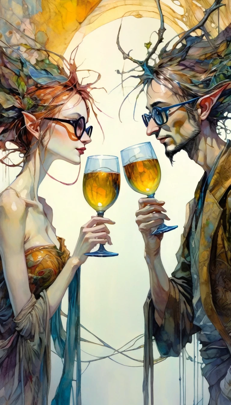 couple of lovers look at each other and toast with two luxurious glasses, luxurious glasses, (art inspired by Brian Froud and Carne Griffiths and Wadim Kashin, intricate details, oil )