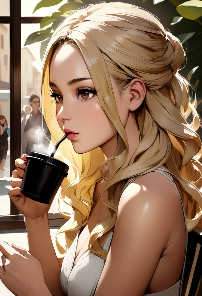 beautiful latina with wavy blonde hair, caramel-colored skin, Brown eyes, Realist , model drinking coffee