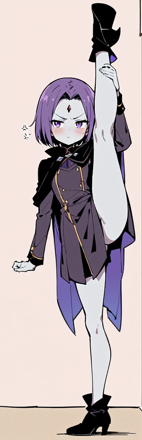 (masterpiece, highest quality:1.2), 1 girl, alone,Are standing_Split, 1girl, solo, full body, volumetric lighting, raven, 1girl, solo, blush, short hair, purple eyes, purple hair, cape, colored skin, anger vein, grey skin, forehead jewel