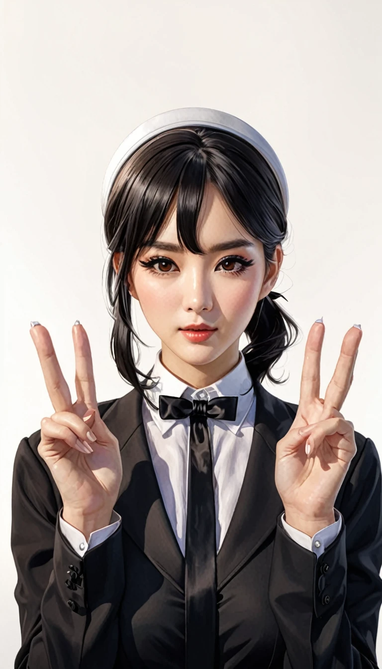 (（（Perfect body,White and tender skin,（（（Black strap dress, black long bow tie, white lining, black hat）））,（（（Kobeni Higashiyama, black hair, hair ornament, hairclip, ponytail, short hair, (brown eyes:1.5),）））,((masterpiece)),highres,((Best quality at best)),masterpiece,quality,Best quality,(（（ Exquisite facial features,Looking at the audience,There is light in the eyes,(（（frown，Wronged））），Scissorhands）））,（（（Light and shadow,Huge breasts,）））,（（（Looking at the camera,White background)））)
