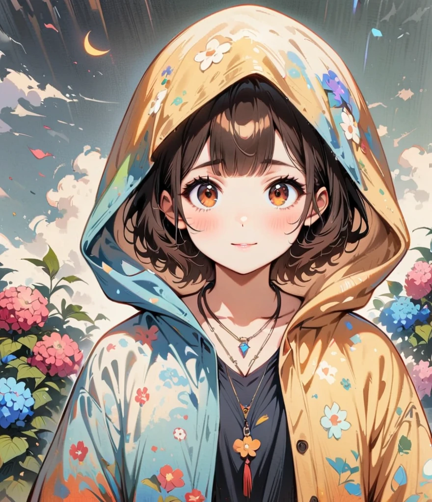 Eliminate the hood。Dark brown hair、short hair、When it rains, a rainbow appears。Hydrangeas of various colors(masterpiece, Highest quality:1.2), Cartoon style character design，1 Girl, alone，Big eyes，Cute expression，，Floral Shirt，interesting，interesting