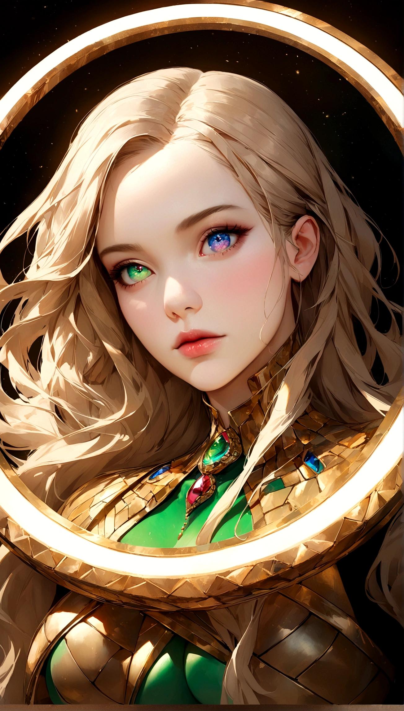 amazing, Beautiful 35 year old Latin Brazilian woman、Goddess of the Multiverse, Hall々And, An athletic body, Sunburned skin, Wearing Egyptian Jewels Futuristic Cut Armor with Bracelets and with Intricate isometric Fluid Galaxy Bioluminescence Effects, Symmetric, The galaxy orbiting her body, Face in perfect detail, Detailed symmetrical circular green iris pupil, ((Gorgeous long blonde flowing hair)), Realistic, Exquisitely crafted, Cinematic, isometric, Amazing full color, Grainy, a lot, Klimt, 16K, High resolution, Cinematic, Neoprene, Behance Contest Winner, Portrait featured on Unsplash, Smooth, 超High resolution, Ultra-sharp focus, An exquisite masterpiece of art, Unlucky, amazing, tanvirtamim, Trending on Art Station, Very detailed, Vibrant