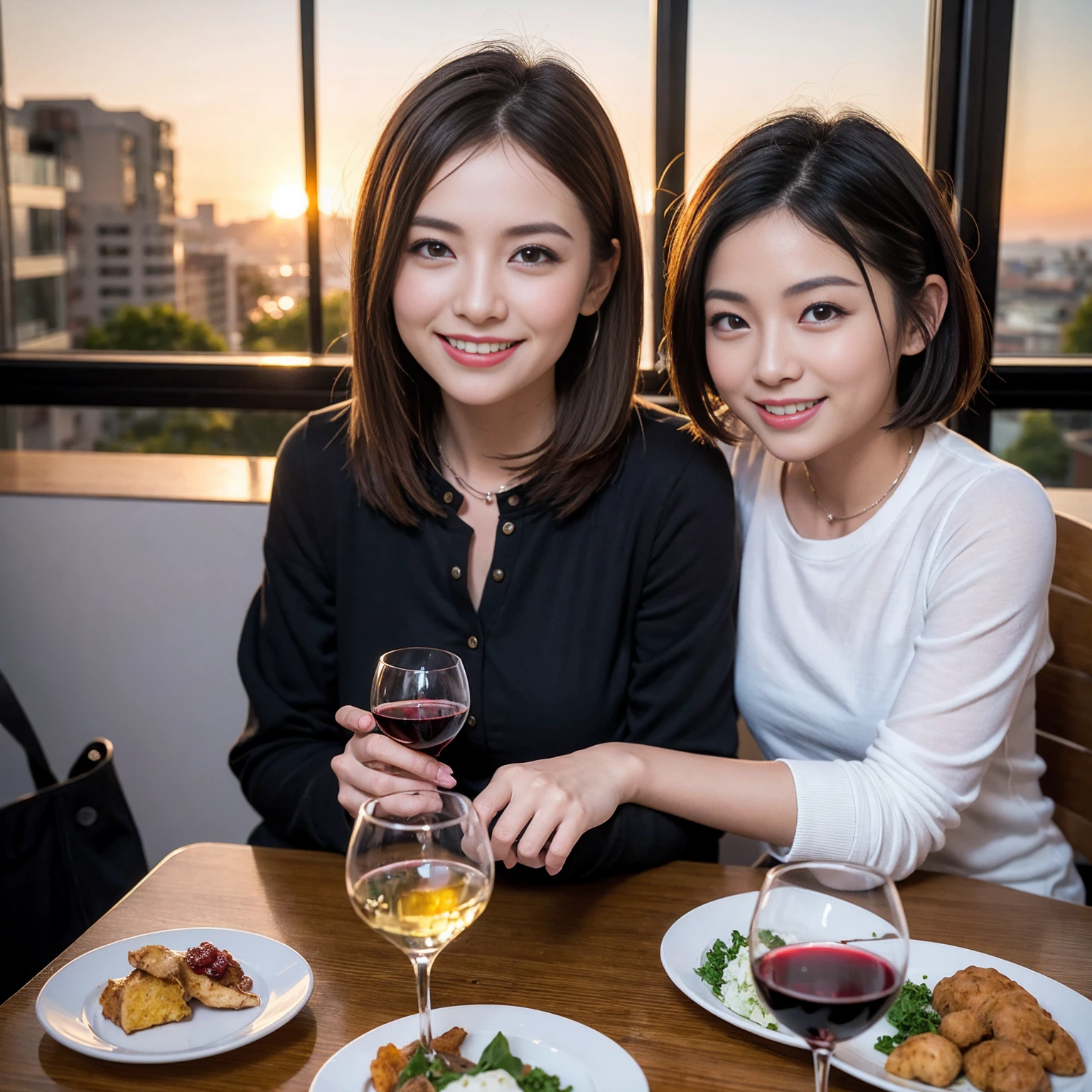 ((Highest quality、8K、masterpiece:1.3))、 (Ultra-realistic、 Genuine、Bright image、Intricate details:1.2), 最高のsmile、1 male、1 female、Beautiful couple、love love love、A lover who resembles Alice Hirose、Good friends、actress couple、smile、Full-course dinner at a packed table、 (Slim face), (the body is slim), (Brown Hair), (short hair), テーブルのwine glass、Please shine a light on my face、 Amazing view of the sunset sky and clouds、, red wine 、Appetizers、Wine bottle、sparkling wine、Long sleeve shirt、dress、White wine, red wine, wine glass,