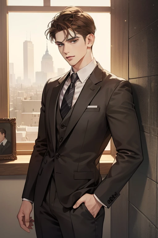 masterpiece, best quality, realistic, 1man, mature male, quiet and charming young man, 25 year old, serious look, closed mouth, portrait, extremely detailed face, cold smile, ((dark grey eyes)), ((short-right-swept dark brown hair)), [thick eyebrows], ((suit)), handsome, full body, western, Jewish, light brown skin,