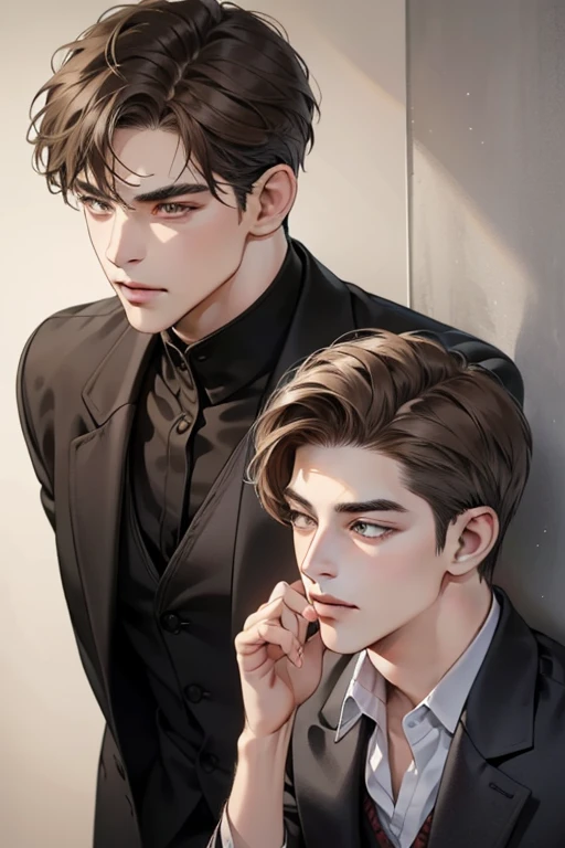 masterpiece, best quality, realistic, 1man, mature male, quiet and charming young man, 25 year old, serious look, closed mouth, portrait, extremely detailed face, cold smile, ((dark grey eyes)), ((short-right-swept dark brown hair)), [thick eyebrows], ((suit)), handsome, full body, western, Jewish, light brown skin,