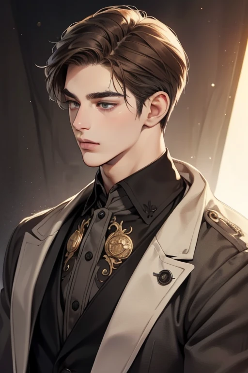 masterpiece, best quality, realistic, 1man, mature male, quiet and charming young man, 25 year old, serious look, closed mouth, portrait, extremely detailed face, cold smile, ((dark grey eyes)), ((short-right-swept dark brown hair)), [thick eyebrows], ((suit)), handsome, full body, western, Jewish, light brown skin,