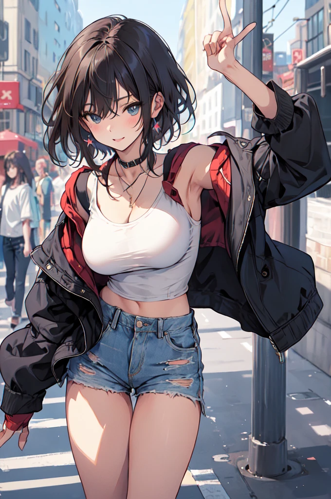 (masterpiece:1.2), best quality,PIXIV,
 cool girl,newJersey  ,
street,(big breast),short shorts, 
