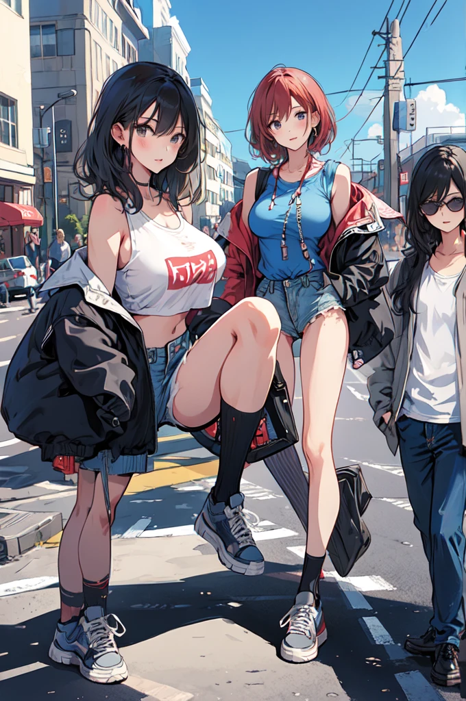 (masterpiece:1.2), best quality,PIXIV,
cool girl,newJersey ,
street,(big breast),short shorts,