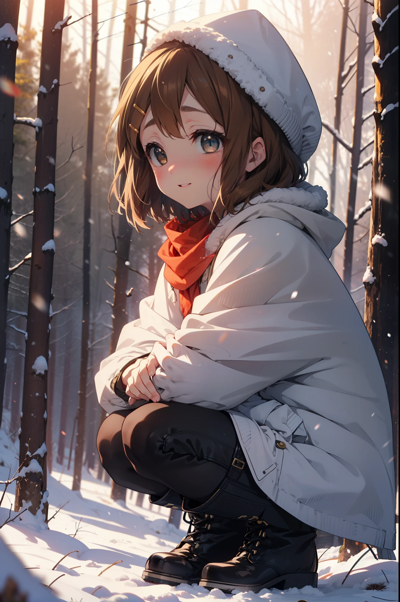yuihirasawa, Yui Hirasawa, short hair, Brown Hair, hair ornaments, (Brown eyes:1.5), Hair Clip、smile,smile,blush,White Breath,
Open your mouth,snow,Ground bonfire,, Outdoor, boots, snowing, From the side, wood, suitcase, Cape, Blurred, , forest, White handbag, nature, Squat, Mouth closed, Cape, winter, Written boundary depth, Black shoes, red Cape break looking at viewer, Upper Body, whole body, break Outdoor, forest, nature, break (masterpiece:1.2), Highest quality, High resolution, unity 8k wallpaper, (shape:0.8), (Beautiful and beautiful eyes:1.6), Highly detailed face, Perfect lighting, Extremely detailed CG, (Perfect hands, Perfect Anatomy),