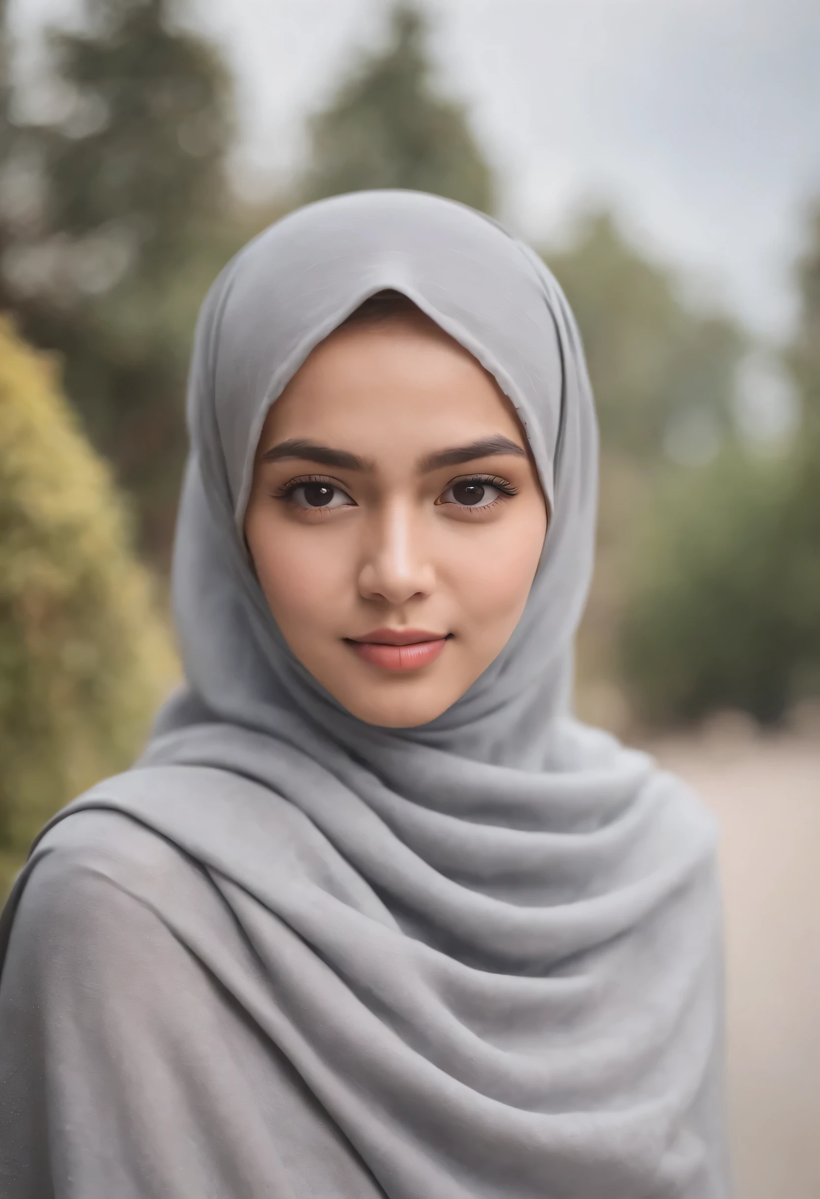 Photo portrait of a beautiful Bandung girl wearing a hijab and dimples, around , (plain grey hijab), (portrait medium shot:1.3), dramatic light, Rembrandt lighting scheme, (hyperrealism:1.2), (8K UHD: 1.2), ( photorealistic:1.2), shot with Canon EOS 5D Mark IV, facial detail, skin texture detail. sitting on the car