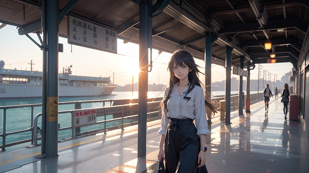 Long haired anime girl walking on train platform, Kantai Collection Style, Railgun, konpeki no kantai, Kantai Collection Arcade, Kantai Collection, Makoto Shinkai style, Cute Girl Anime Visual, Makoto Shinkai&#39;s art style, Beautiful anime school girl, Anime Style 4k, Official artwork, shinkai makoto