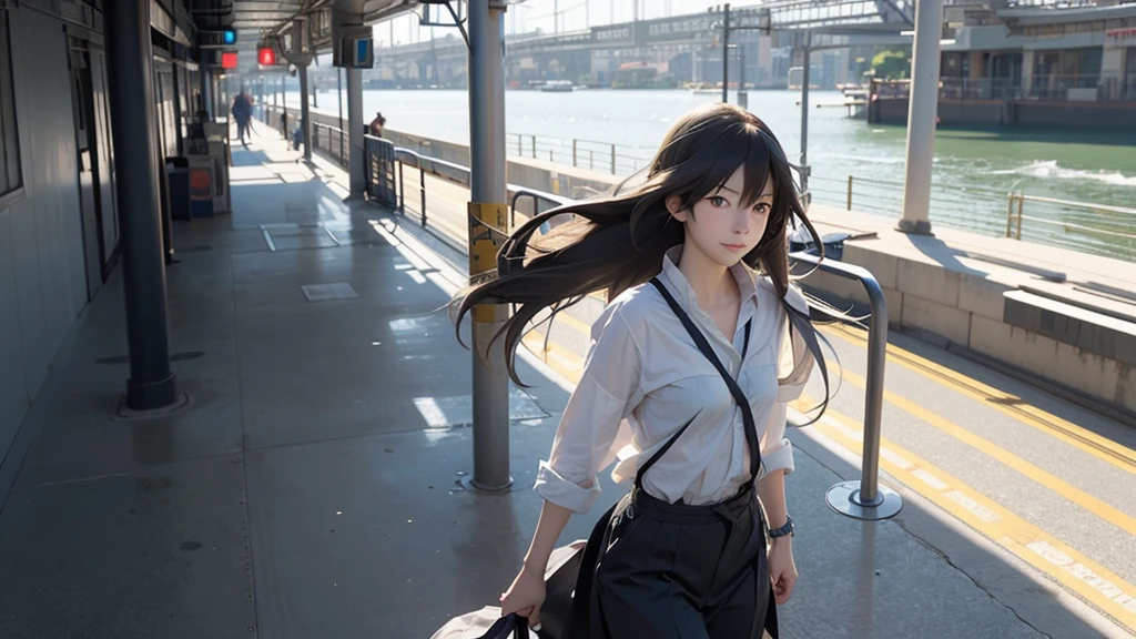 Long haired anime girl walking on train platform, Kantai Collection Style, Railgun, konpeki no kantai, Kantai Collection Arcade, Kantai Collection, Makoto Shinkai style, Cute Girl Anime Visual, Makoto Shinkai&#39;s art style, Beautiful anime school girl, Anime Style 4k, Official artwork, shinkai makoto