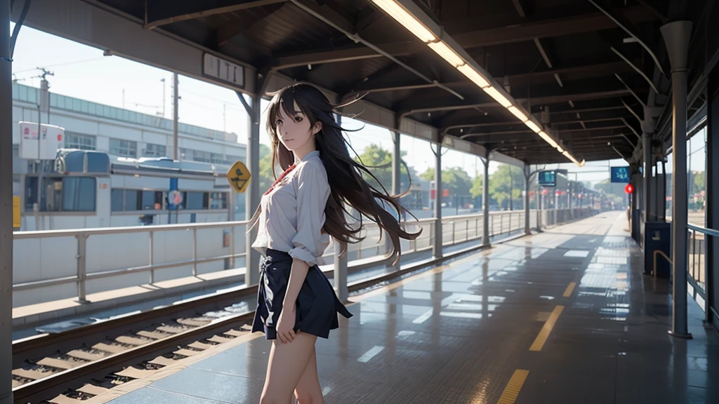 Long haired anime girl walking on train platform, Kantai Collection Style, Railgun, konpeki no kantai, Kantai Collection Arcade, Kantai Collection, Makoto Shinkai style, Cute Girl Anime Visual, Makoto Shinkai&#39;s art style, Beautiful anime school girl, Anime Style 4k, Official artwork, shinkai makoto