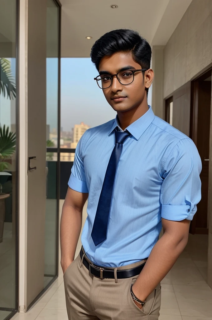 21 year old Indian boy with fair skin and wearing spectacles and narrow body posing for linkedin picture in formals 