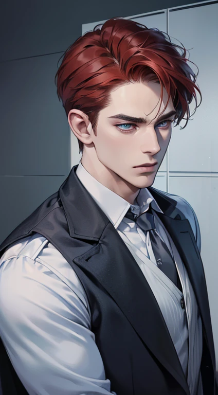 (best quality, masterpiece, 8K, photorealistic, cinematic lighting, 1:4 hdr image, ultra detailed, beautiful image), a mature man, 34 years very handsome, ((cold expression)), short red hair, blue eyes, face perfect without mistakes, ((buttoning his jacket, CEO))