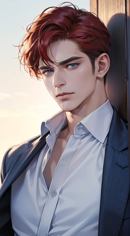 (best quality, masterpiece, 8K, photorealistic, cinematic lighting, 1:4 hdr image, ultra detailed, beautiful image), a mature man, 34 years very handsome, ((cold expression)), short red hair, blue eyes, face perfect without mistakes, ((buttoning his jacket, CEO))