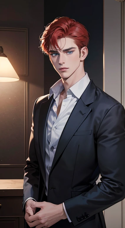 (best quality, masterpiece, 8K, photorealistic, cinematic lighting, 1:4 hdr image, ultra detailed, beautiful image), a mature man, 34 years very handsome, ((cold expression)), short red hair, blue eyes, face perfect without mistakes, ((buttoning his jacket, CEO))