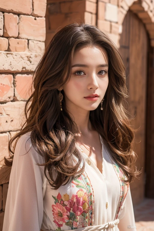 highest quality、4K、Perfect Face、Perfect Style、perfect body、Sunburn、beautiful lady、mature、long curly layer brown hair、Swept-back hair、full body, sexy 、charming、healthy、8K、windy hair、at Morocco、colorful wall