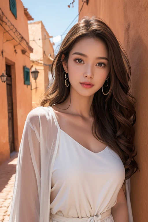 highest quality、4K、Perfect Face、Perfect Style、perfect body、Sunburn、beautiful lady、mature、long curly layer brown hair、Swept-back hair、full body, sexy 、charming、healthy、8K、windy hair、at Morocco、colorful wall