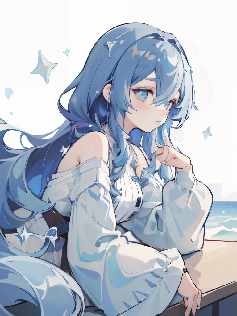 ((SFW)), (best quality,4k,8k, high res,masterpiece:1.2), ((masterpiece)), (((best quality))), slightly muted colors, solo girl, 1 character only, same character, hair color, hairstyle fax, eyes, simple white background, clouds, flowy hair, stars in hair, adult, starry eyes, sea, ocean, celestial, hairstyle fax, deity, muted blue hair, sky-like hair with stars, ocean hair, soft smile, (({comforting aura})), youlooklonely, pointing, from side, looking at another