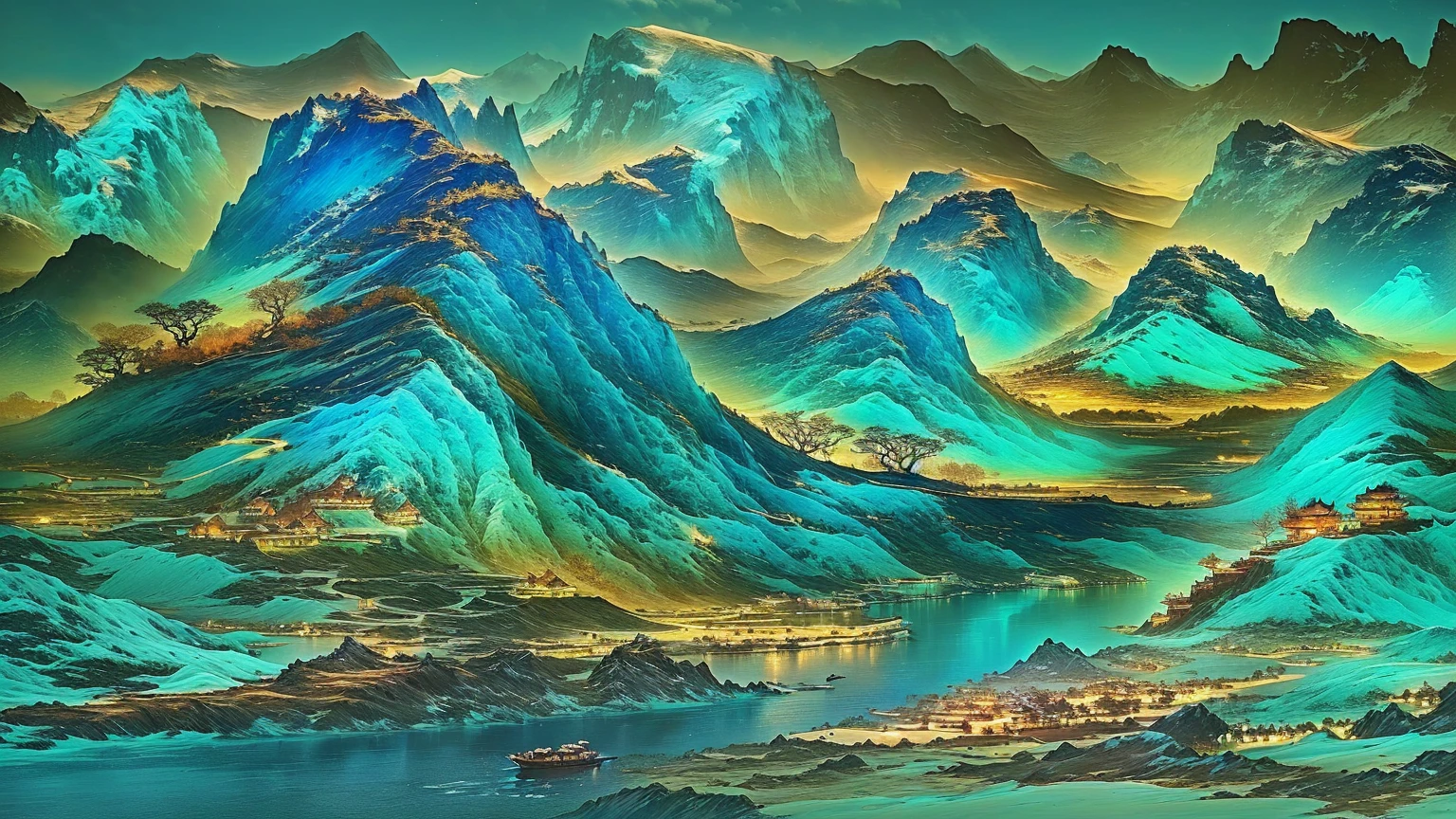 A painting of a mountain landscape with a river and boats, Behind the turquoise mountains, Detailed Dreams, Chinese scenery, 4k highly detailed digital art, Floating mountains, Inspired by Ma Yuan, Chinese Fantasy, Alien Mountains, The mythical flower mountain, Inspired by Li Keran, Landscape Art Detail, 3 d virtual landscape painting, Mountain background, thrilling