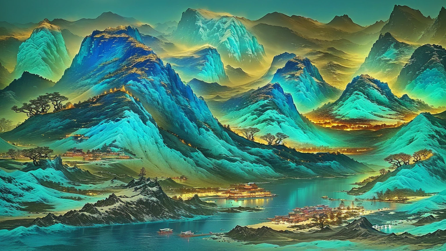 A painting of a mountain landscape with a river and boats, Behind the turquoise mountains, Detailed Dreams, Chinese scenery, 4k highly detailed digital art, Floating mountains, Inspired by Ma Yuan, Chinese Fantasy, Alien Mountains, The mythical flower mountain, Inspired by Li Keran, Landscape Art Detail, 3 d virtual landscape painting, Mountain background, thrilling