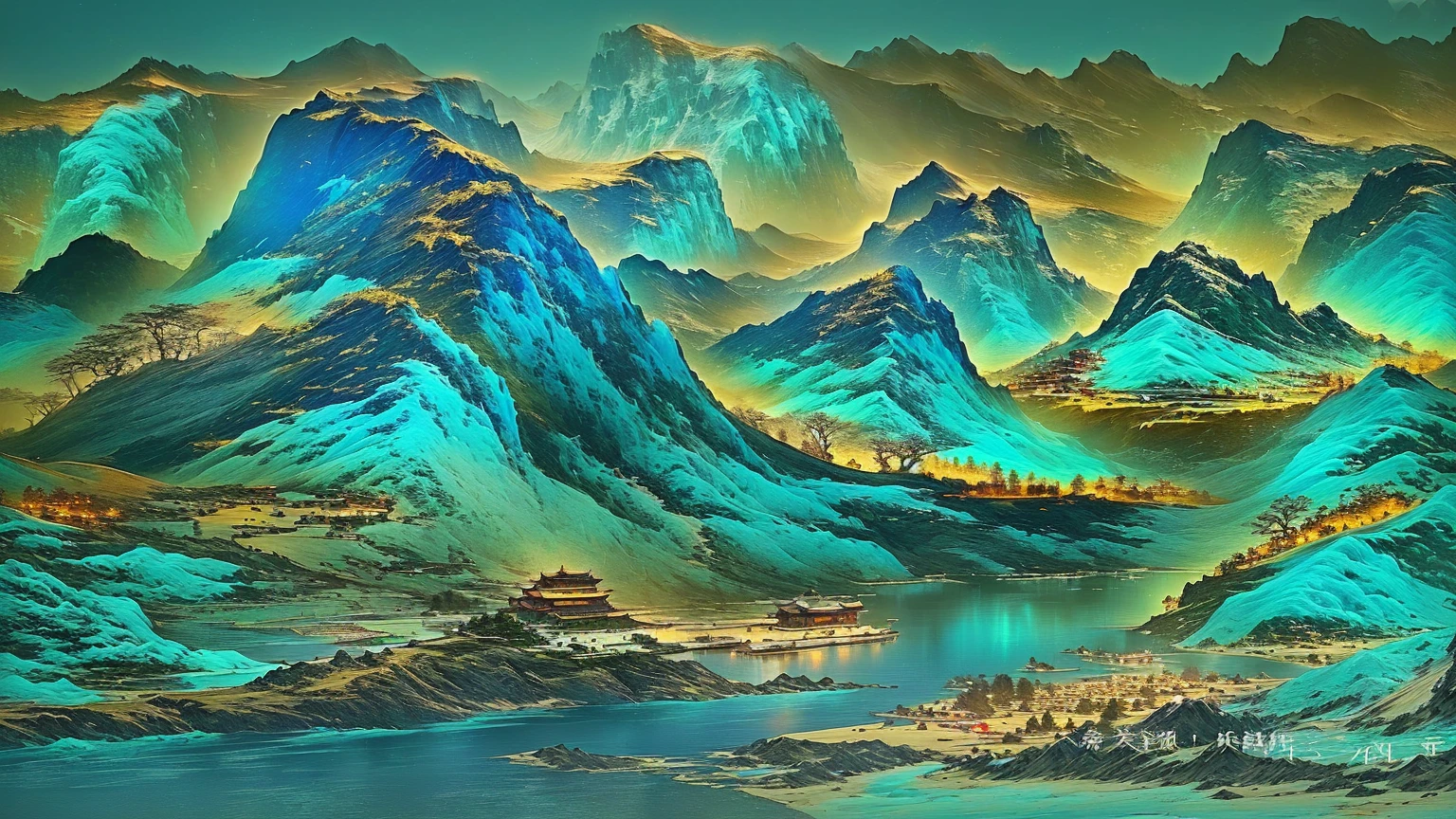 A painting of a mountain landscape with a river and boats, Behind the turquoise mountains, Detailed Dreams, Chinese scenery, 4k highly detailed digital art, Floating mountains, Inspired by Ma Yuan, Chinese Fantasy, Alien Mountains, The mythical flower mountain, Inspired by Li Keran, Landscape Art Detail, 3 d virtual landscape painting, Mountain background, thrilling