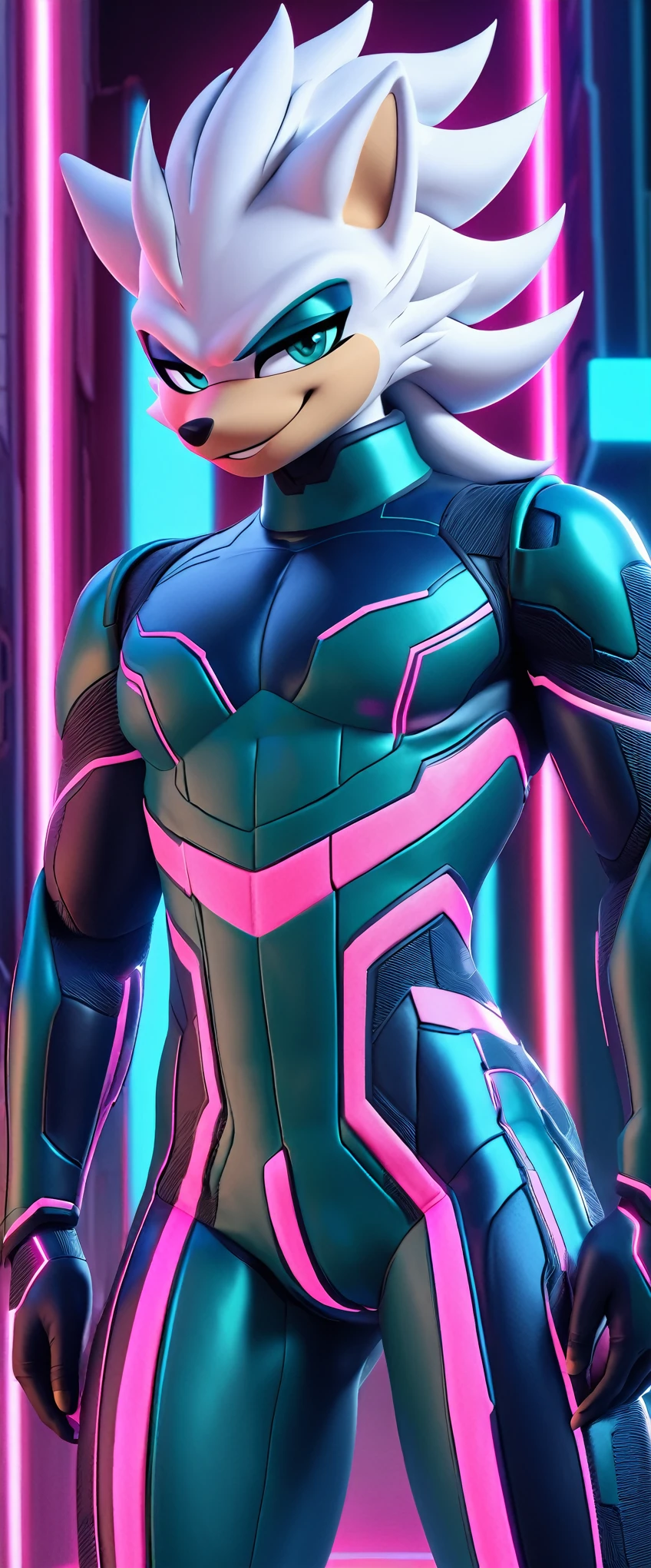 (((masterpiece:1.5, 4K, 8K))), a (((full body:1.5))) high quality digitally drawn rendered image ((by SEGA)) of A solo male anthro ((silver—white hedgehog)), with glowing blue eyes, ((metallic blue eyeliner:1.5)), (((tan muzzle))), wearing a (((sci-fi bodysuit))) stands in a neon-lit cyberpunk city The android's bodysuit is adorned with (((bright teal coloring:1.5))) with (((neon pink accents:1.4))), and intricate android seams, creating a futuristic look. the android has a seductive smirk on his face