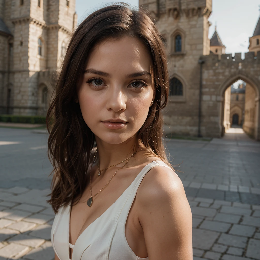 1girl in, 30 years old, Square face, Long hair, Looking at viewer, jewelry, Realistic, Sexy, princess outfit, castle background, free pose