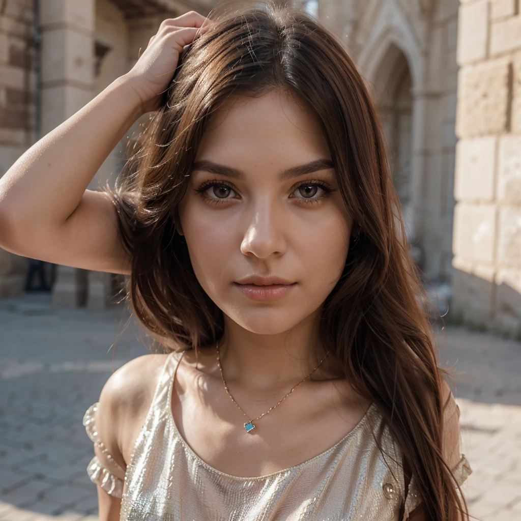 1girl in, 30 years old, Square face, Long hair, Looking at viewer, jewelry, Realistic, Sexy, princess outfit, castle background, free pose