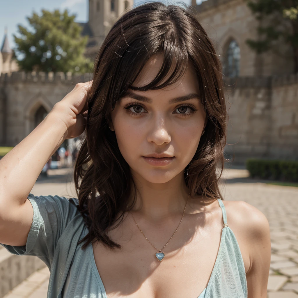 1girl in, 30 years old, Square face, Long hair, Looking at viewer, jewelry, Realistic, Sexy, princess outfit, castle background, free pose