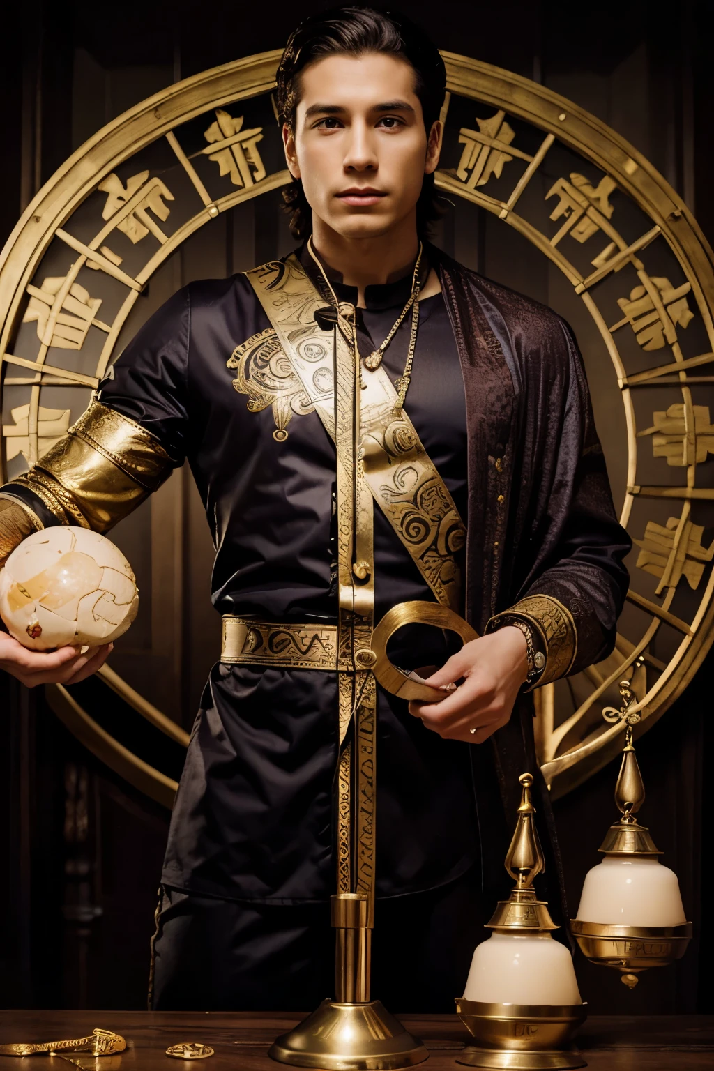 Young Libra man that holds a scale that weighs a brain and heart