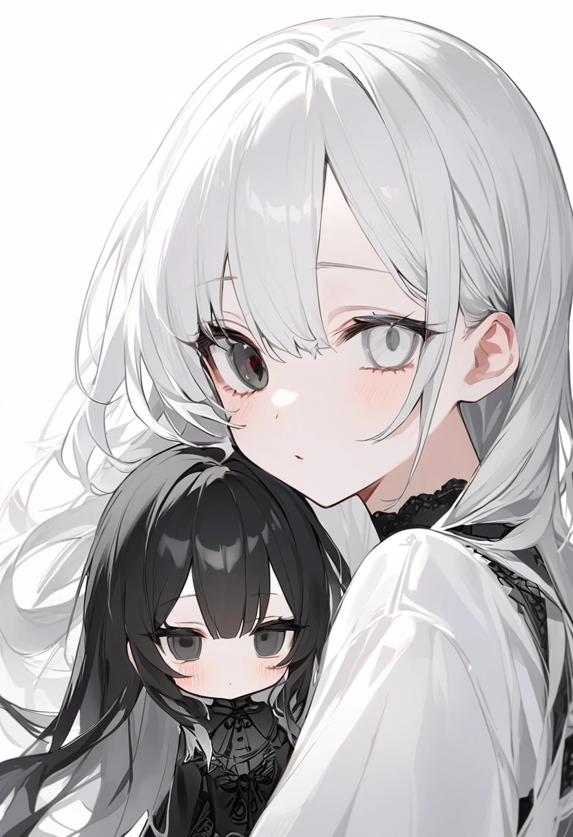 Black and White、Girl、Black and white hair、Black and white mixed、Black and white mixed髪の毛、Half Black、Half white、Long Hair、Odd Eye、Odd Eye 左目が白色 右目が黒色、Left eye is white、Left eye is white、Right eye is black、Right eye is black、全体的に黒と白が混ざったGirl、Black and WhiteのGirl、White background、白と黒のGirl、White Room、黒色と白色のGirl、emotionless、Calm、Lots of black、A lot of black、Lots of black髪の毛、一人のGirl、1 Girl、1 Girl、Mostly black