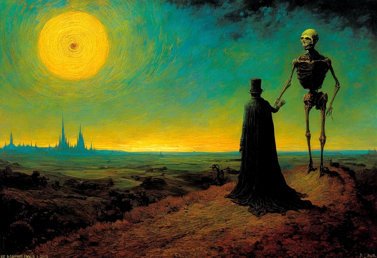 Mythical creatures, author：Zdzislaw Beksiński and Vincent Van Gogh, Album cover, romantic, Surrealism, Futuristic ,Smiling Corpse,  Wizard, Abstracted, dark,  landscape