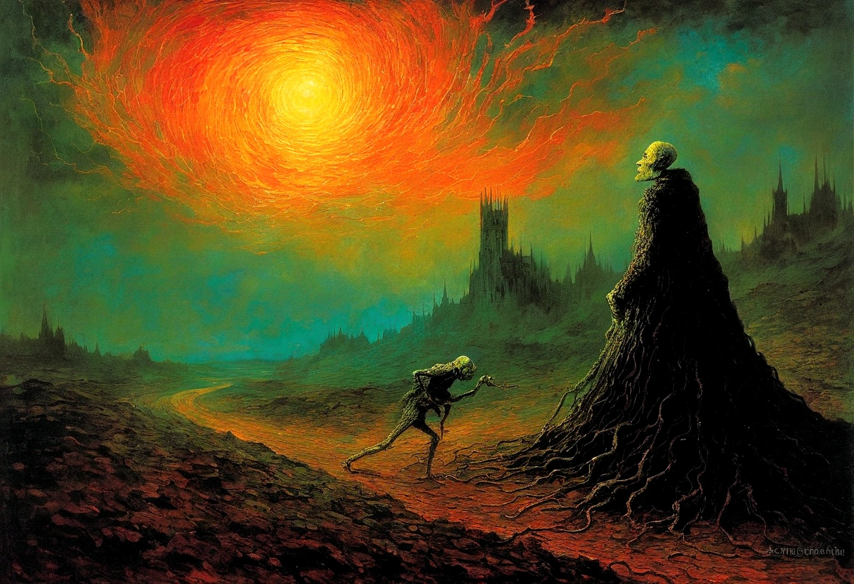 Mythical creatures, author：Zdzislaw Beksiński and Vincent Van Gogh, Album cover, romantic, Surrealism, Futuristic ,Smiling Corpse,  Wizard, Abstracted, dark,  landscape
