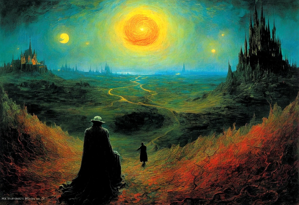 Mythical creatures, author：Zdzislaw Beksiński and Vincent Van Gogh, Album cover, romantic, Surrealism, Futuristic ,Smiling Corpse,  Wizard, Abstracted, dark,  landscape