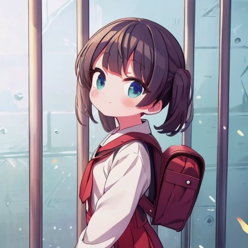 masterpiece,highest quality,cute, Ui,school bag,primary school student,Prison,watching from outside the cage,