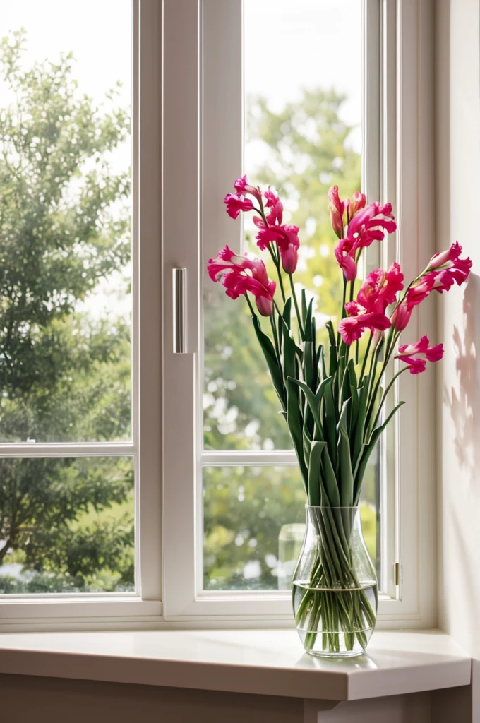A vase with gladioli stands on the windowsill
