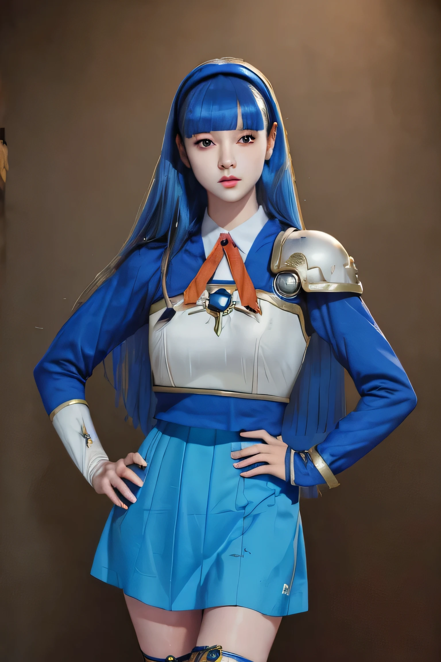 (Highest quality:1.3), (masterpiece:1.4),(Anatomically correct), (Complete limbs),(Full Finger),(Accurate fingertips), (Fine details),(8K),Photorealista, (Highest quality), (Awards, Oily skin),(Super detailed),, 1 Girl Umi Ryuzaki Hairband, Big Ass,(((very thick thighs))),Thigh gap,(((Narrow waist))),Are standing, Chest armor. Pauldrons,((blue super short skirt)), Knee boots, hands on hips, (Realistic:1.0)