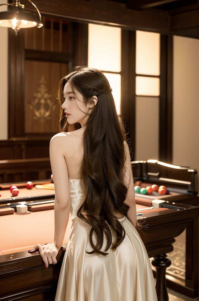 (((best quality))),(((ultra detailed))),(((masterpiece))),illustration, "A young girl with chestnut hair stands in a dimly lit pool hall, wearing a sleek black dress with silver embroidery, her petite figure gracefully accentuated by the form-fitting fabric. Her long hair cascades down her back, subtly illuminated by neon lights, and her deep, soulful eyes sparkle with playful curiosity. A faint blush colors her smooth cheeks, and her rosy lips are set into a soft, enchanting smile. She chalkes her cue with delicate fingers, her movements fluid and graceful, capturing the attention of everyone in the room. The pool hall itself is vibrant and lively, filled with the sounds of conversation and laughter, and the scent of polished wood and cigarettes. The beautiful girl focuses intently on the game ahead, demonstrating her skill and command, her eyes never leaving the table. Her presence is captivating, and as she walks away, her movements are elegant and confident, leaving a trail of intrigued glances and whispered conversations in her wake."