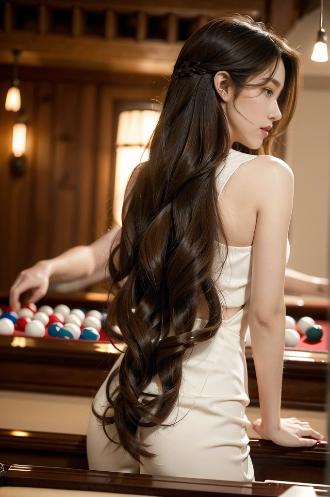 (((best quality))),(((ultra detailed))),(((masterpiece))),illustration, "A young girl with chestnut hair stands in a dimly lit pool hall, wearing a sleek black dress with silver embroidery, her petite figure gracefully accentuated by the form-fitting fabric. Her long hair cascades down her back, subtly illuminated by neon lights, and her deep, soulful eyes sparkle with playful curiosity. A faint blush colors her smooth cheeks, and her rosy lips are set into a soft, enchanting smile. She chalkes her cue with delicate fingers, her movements fluid and graceful, capturing the attention of everyone in the room. The pool hall itself is vibrant and lively, filled with the sounds of conversation and laughter, and the scent of polished wood and cigarettes. The beautiful girl focuses intently on the game ahead, demonstrating her skill and command, her eyes never leaving the table. Her presence is captivating, and as she walks away, her movements are elegant and confident, leaving a trail of intrigued glances and whispered conversations in her wake."