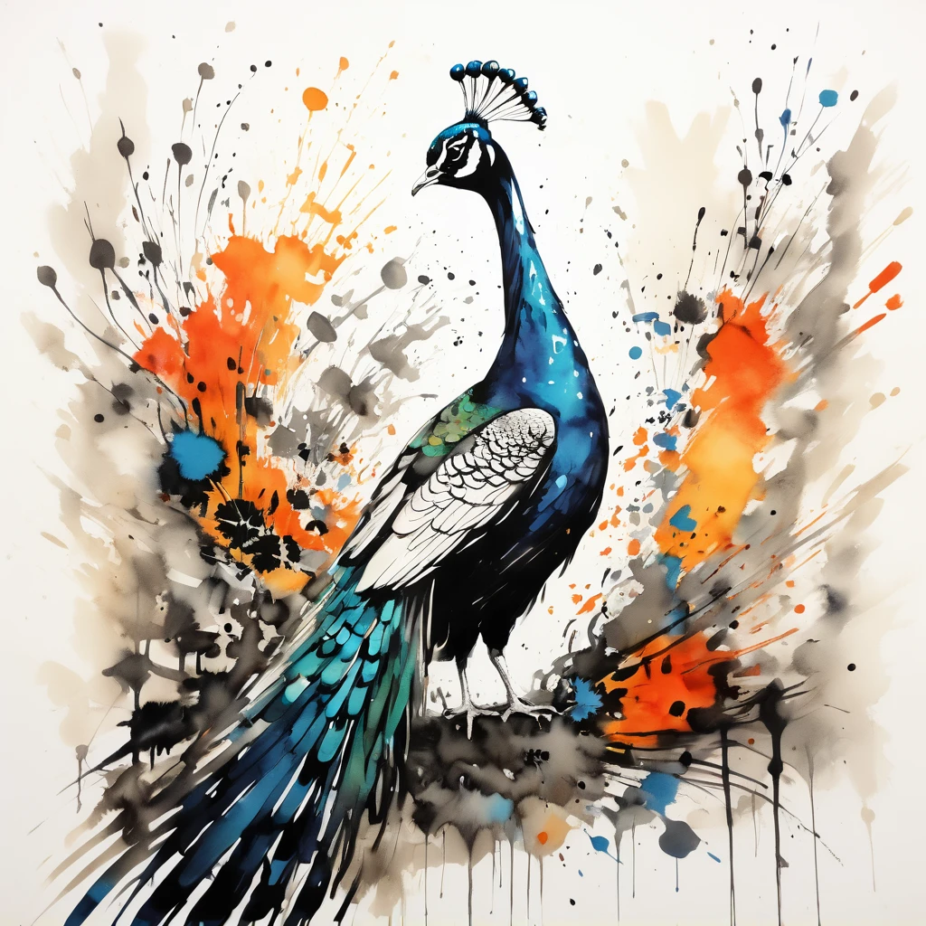 vectorial art, Colorful illustration with peacock, At the center, swirly vibrant colors,graffiti art,ink spatter,Wild and unbridled,rich and colorful,visual impact,Super detailed modern aesthetic,
