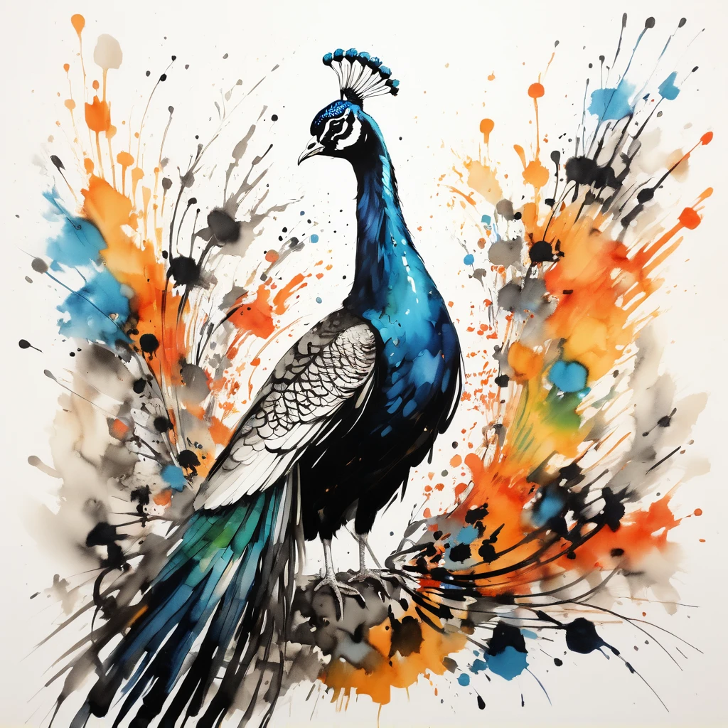 vectorial art, Colorful illustration with peacock, At the center, swirly vibrant colors,graffiti art,ink spatter,Wild and unbridled,rich and colorful,visual impact,Super detailed modern aesthetic,
