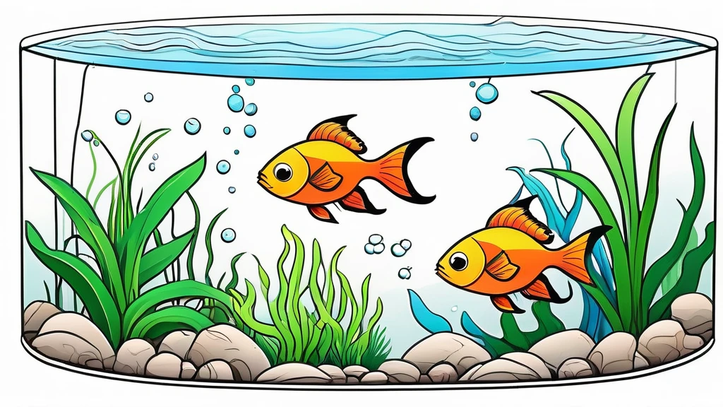 a group of fish in aquascape scenery, coloring page for kids, happy, smiling, vector art, minimalistic, vector 2d, black lines white background, coloring page for beginners, vector illustration, pencil strokes, no color, drawing for coloring, white background, pixar style, black and white