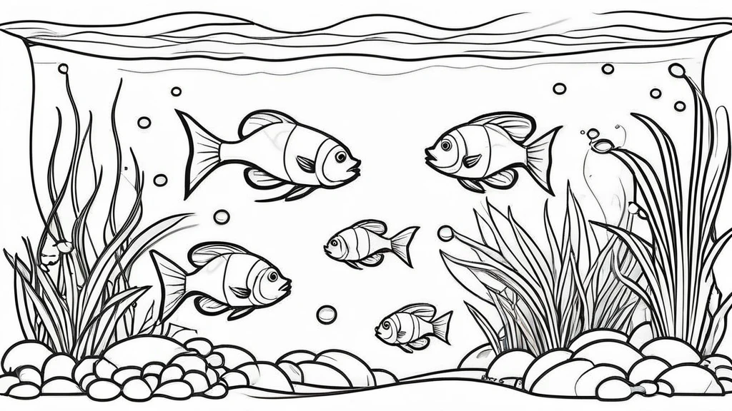 a group of fish in aquascape scenery, coloring page for kids, happy, smiling, vector art, minimalistic, vector 2d, black lines white background, coloring page for beginners, vector illustration, pencil strokes, no color, drawing for coloring, white background, pixar style, black and white